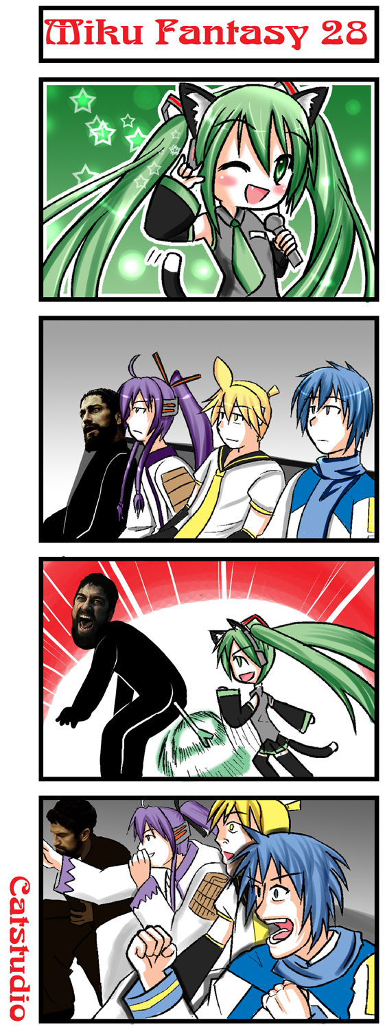 hatsune miku, kagamine len, kaito, kamui gakupo, and leonidas i (vocaloid and 1 more) drawn by catstudioinc_(punepuni)