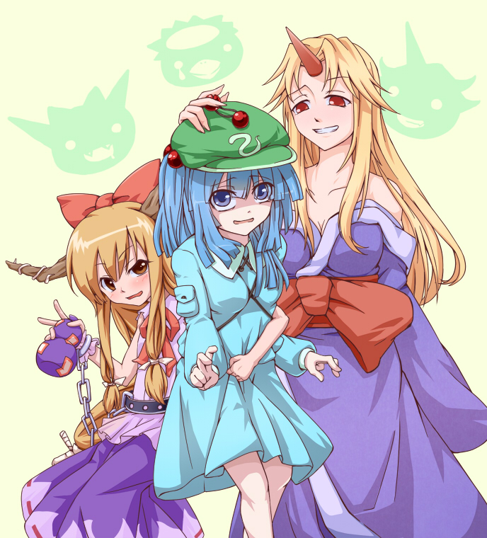 kawashiro nitori, ibuki suika, and hoshiguma yuugi (touhou) drawn by hidarikata