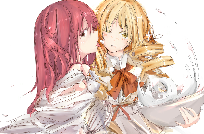 sakura kyoko and tomoe mami (mahou shoujo madoka magica) drawn by kuroda_(geometry_dogs)