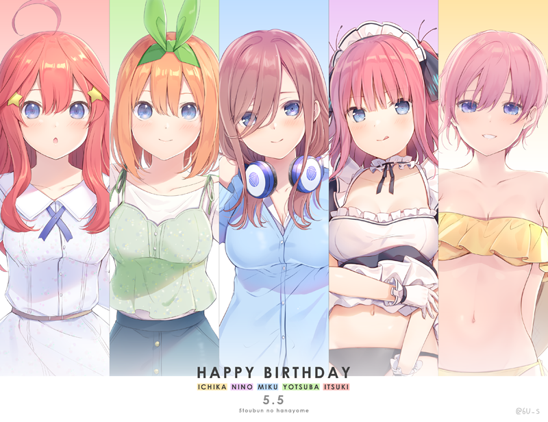 nakano nino, nakano miku, nakano yotsuba, nakano ichika, and nakano itsuki (go-toubun no hanayome) drawn by 6u_(eternal_land)
