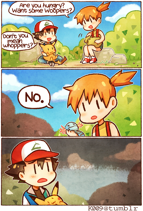 pikachu, ash ketchum, misty, and wooper (pokemon) drawn by kataro