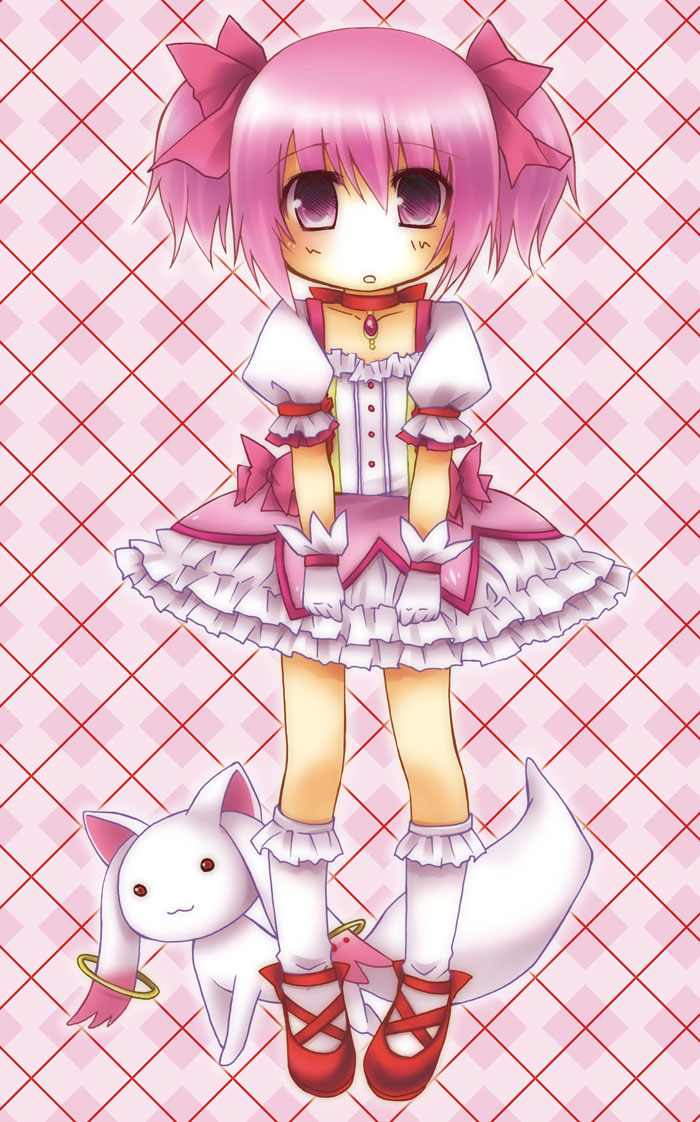 kaname madoka and kyubey (mahou shoujo madoka magica) drawn by misato_miyu