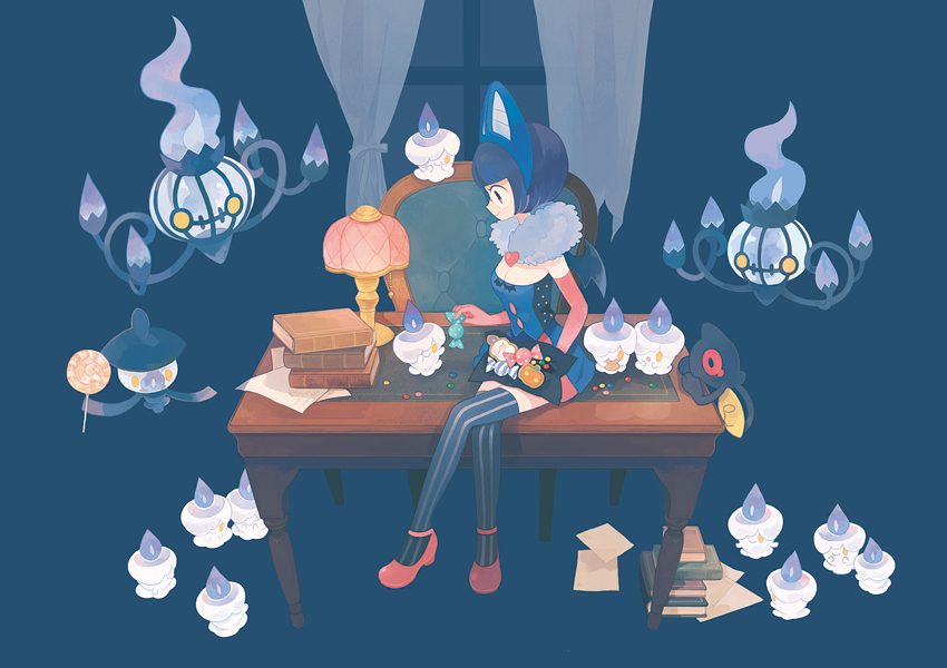 litwick, chandelure, shauntal, lampent, yamask, and 1 more (pokemon and 1 more) drawn by pechika