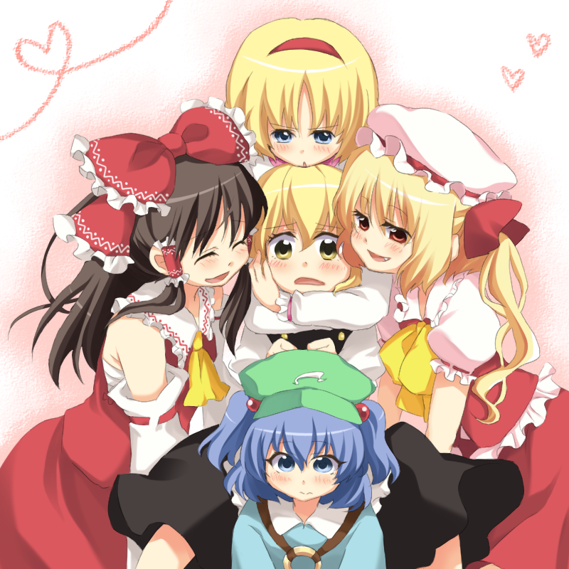hakurei reimu, kirisame marisa, flandre scarlet, alice margatroid, and kawashiro nitori (touhou) drawn by amagu