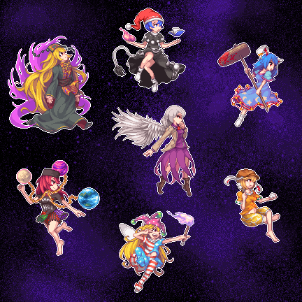 clownpiece, junko, hecatia lapislazuli, kishin sagume, doremy sweet, and 2 more (touhou and 1 more) drawn by ichi_et