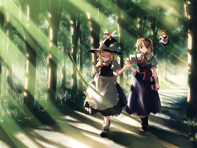 kirisame marisa, alice margatroid, shanghai doll, and hourai doll (touhou) drawn by yuuki_tatsuya