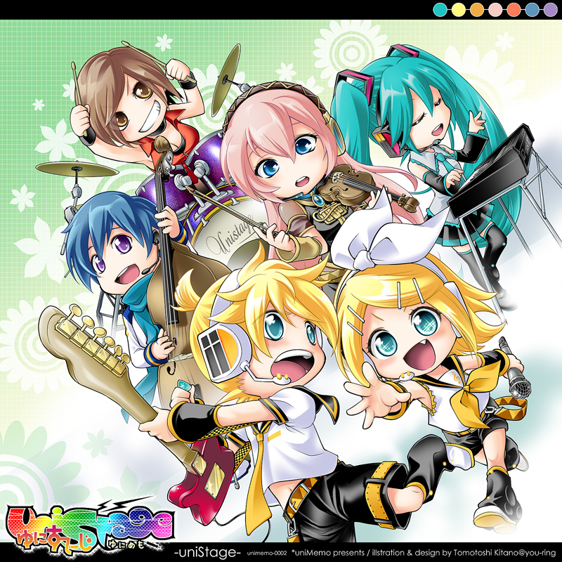 hatsune miku, kagamine rin, kagamine len, megurine luka, kaito, and 1 more (vocaloid) drawn by kitano_tomotoshi
