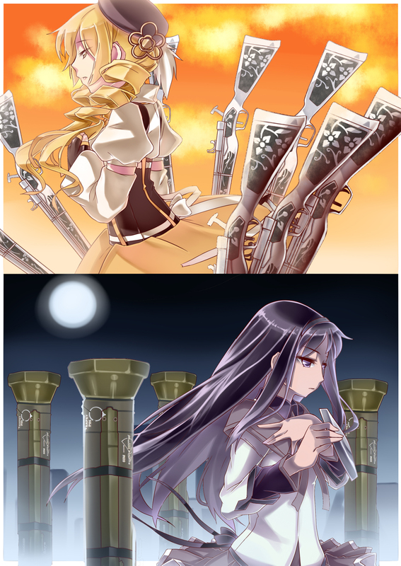 akemi homura and tomoe mami (mahou shoujo madoka magica) drawn by hiememiko