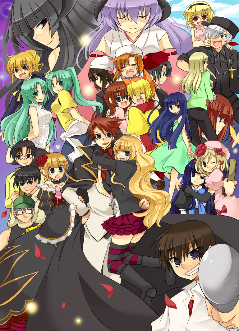 furude rika, ryuuguu rena, houjou satoko, beatrice, ushiromiya battler, and 18 more (higurashi no naku koro ni and 1 more) drawn by shimesaba_(masuraoburi)