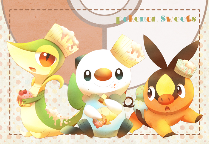 oshawott, snivy, and tepig (pokemon) drawn by yuurakusei
