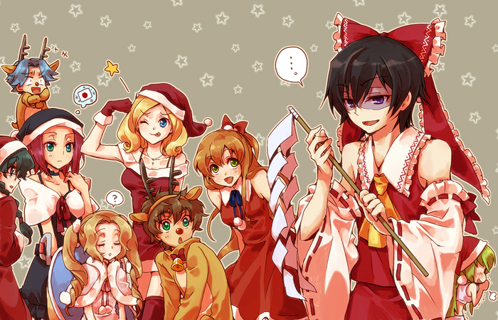 hakurei reimu, c.c., lelouch vi britannia, kouzuki kallen, kururugi suzaku, and 5 more (touhou and 1 more) drawn by mecco