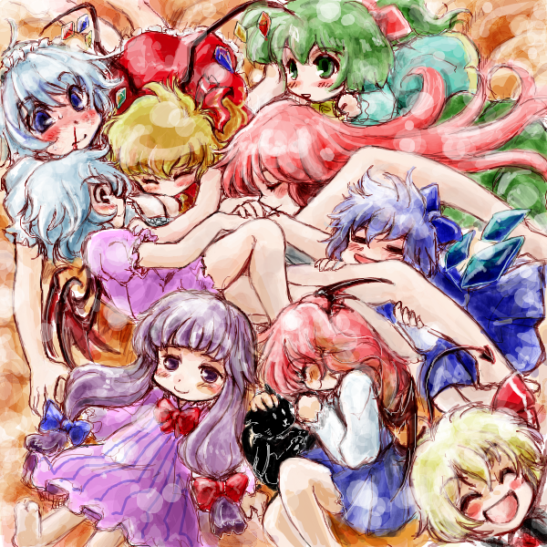 remilia scarlet, flandre scarlet, izayoi sakuya, cirno, patchouli knowledge, and 4 more (touhou and 1 more) drawn by nanashii_(soregasisan)