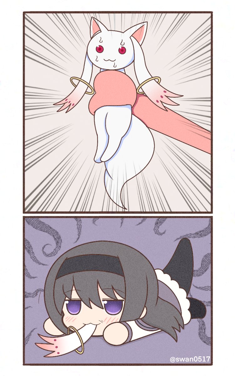 akemi homura and kyubey (mahou shoujo madoka magica) drawn by yuno385