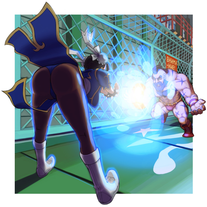 chun-li and zangief (street fighter) drawn by maruta_kentarou