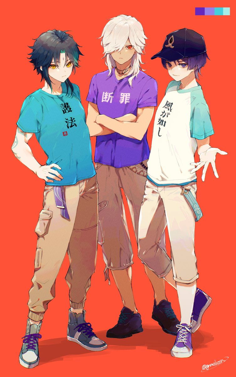 scaramouche, wanderer, xiao, and cyno (genshin impact) drawn by gnmakosn