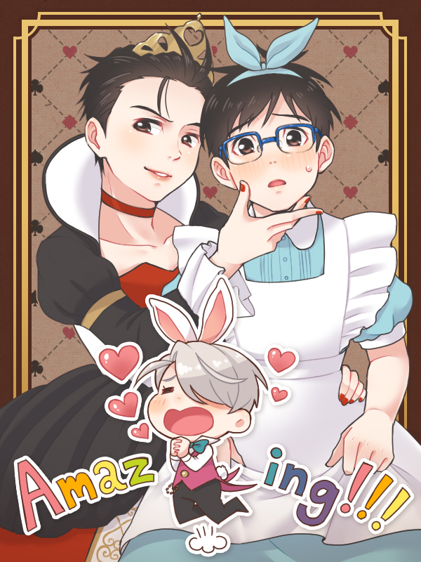 alice, katsuki yuuri, viktor nikiforov, and white rabbit (alice's adventures in wonderland and 1 more) drawn by ruei_(chicking)