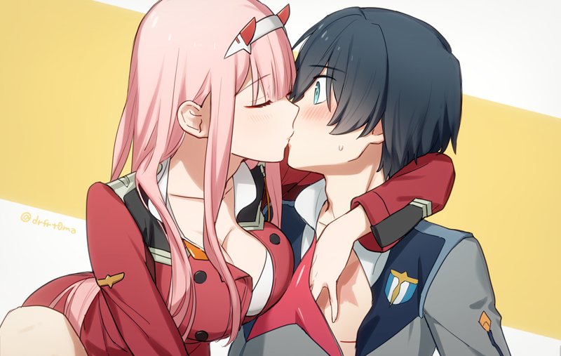 zero two and hiro (darling in the franxx) drawn by toma_(norishio)