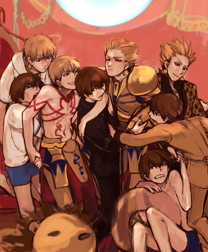kishinami hakuno and gilgamesh (fate and 2 more) drawn by mpn