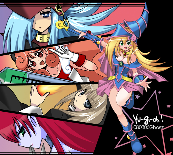 dark magician girl, silent magician, harpie lady, injection fairy lily, and fire sorcerer (yu-gi-oh!) drawn by mariru
