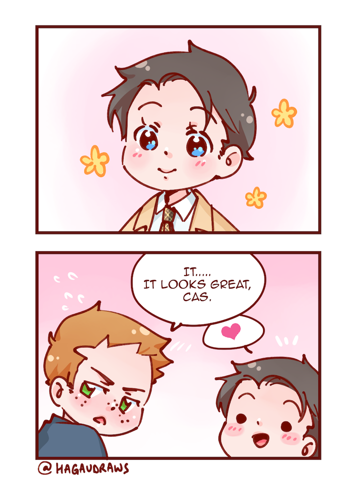 castiel and dean winchester (good omens and 1 more) drawn by kamicom