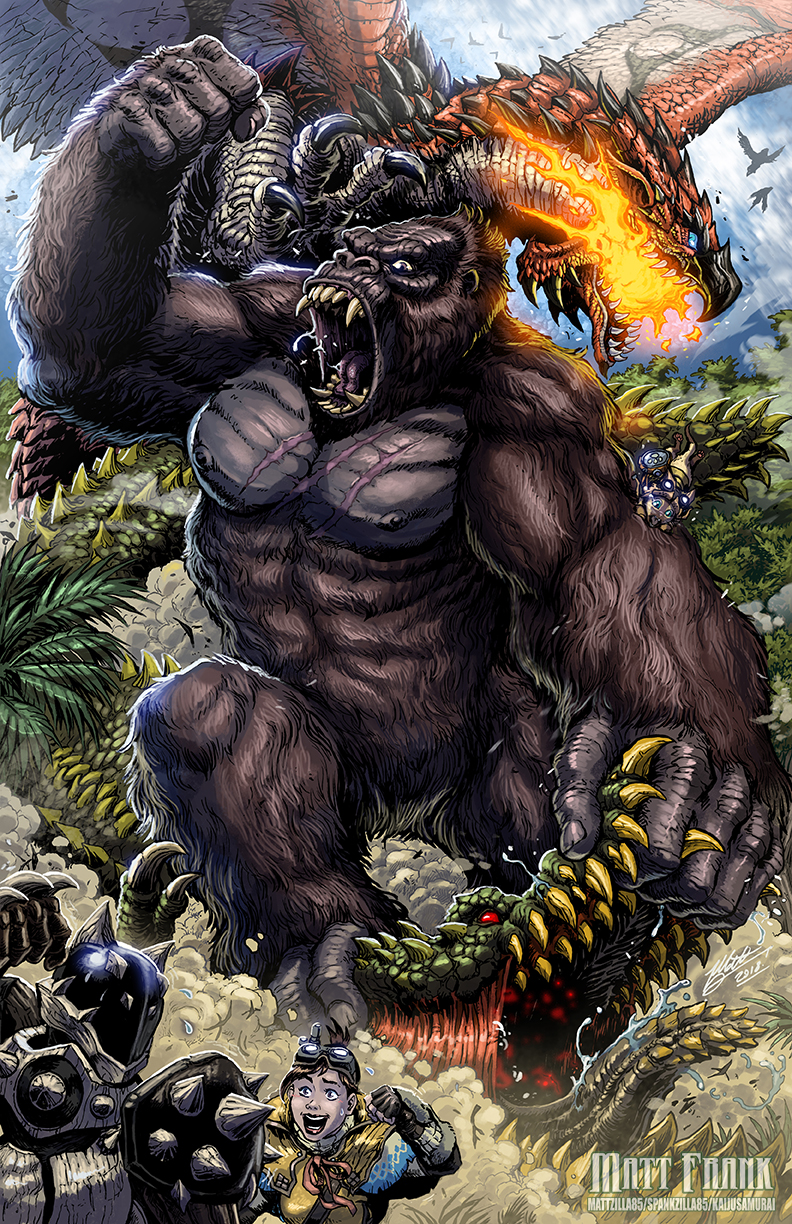 felyne, rathalos, deviljho, king kong, handler, and 1 more (monster hunter and 4 more) drawn by matt_frank