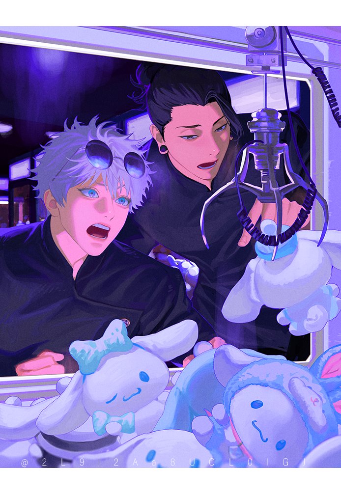 gojou satoru, getou suguru, and cinnamoroll (jujutsu kaisen and 2 more) drawn by blackbox_(blackbox9158)