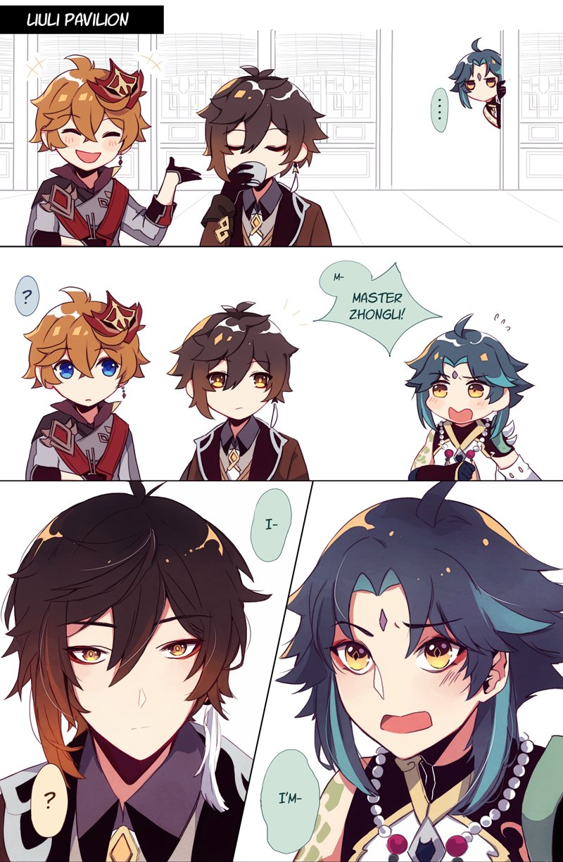 zhongli, tartaglia, and xiao (genshin impact) drawn by mizururu