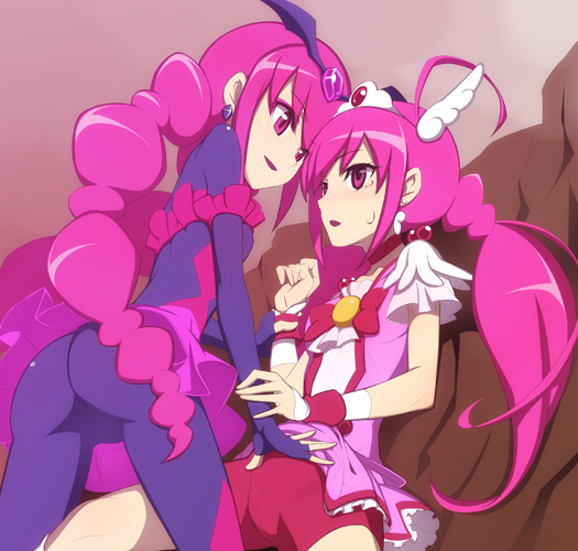 hoshizora miyuki, cure happy, and bad end happy (precure and 1 more) drawn by caryo and nanashino
