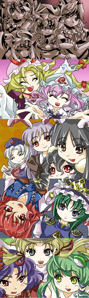 remilia scarlet, flandre scarlet, izayoi sakuya, kochiya sanae, patchouli knowledge, and 10 more (touhou) drawn by makako_(yume_bouei_shoujo_tai)