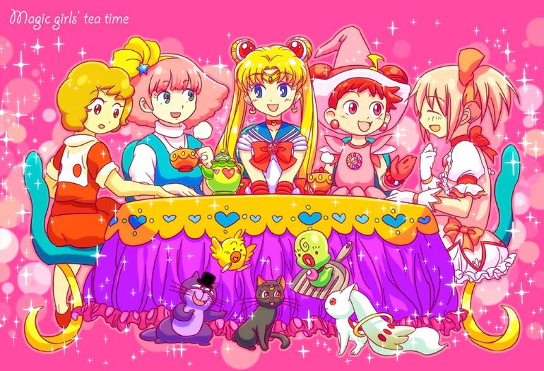 kaname madoka, kyubey, tsukino usagi, sailor moon, luna, and 6 more (mahou shoujo madoka magica and 5 more) drawn by shouyu_senbei
