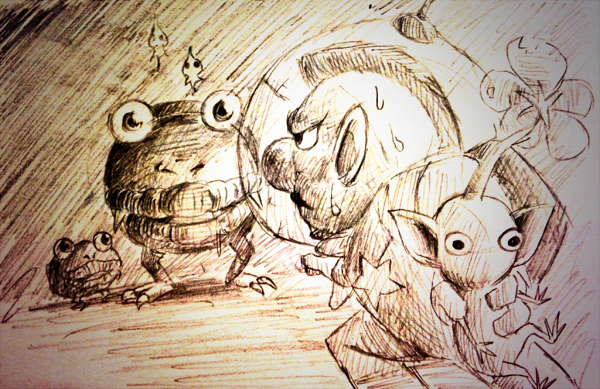 yellow pikmin, charlie, spotty bulbear, and dwarf bulbear (pikmin and 1 more) drawn by yamato_koara
