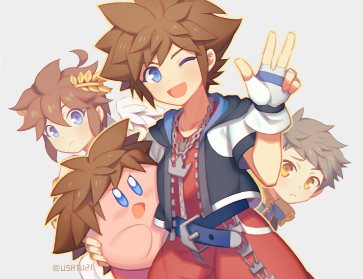 kirby, pit, sora, and rex (xenoblade chronicles and 6 more) drawn by wusagi2