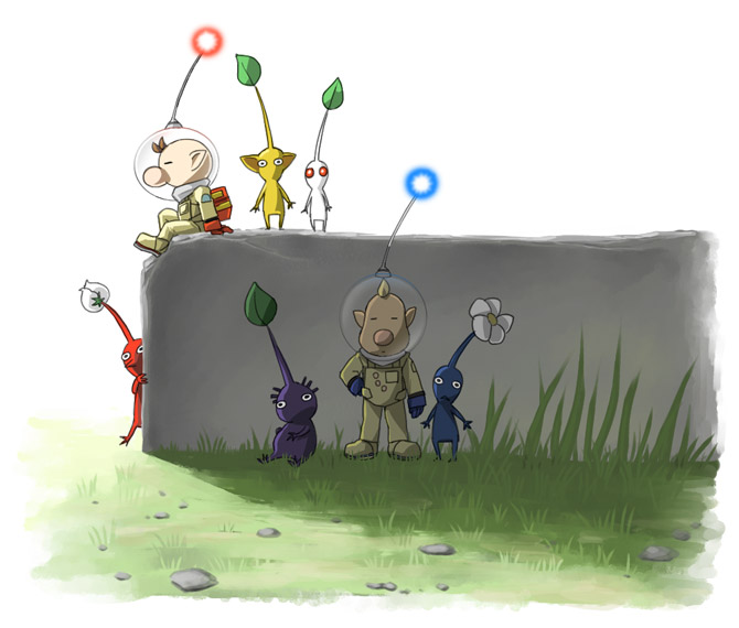 red pikmin, olimar, yellow pikmin, blue pikmin, purple pikmin, and 2 more (pikmin) drawn by naru_(wish_field)