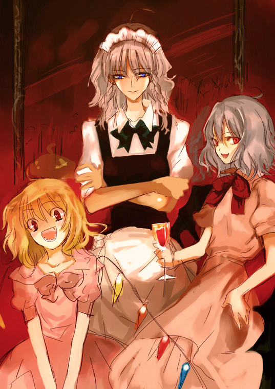 remilia scarlet, flandre scarlet, and izayoi sakuya (touhou) drawn by ton_(pixiv37657)