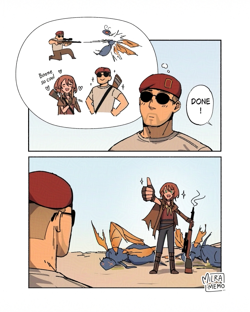 courier, noelle rutherford, craig boone, and cazador (fallout and 1 more) drawn by milramemo