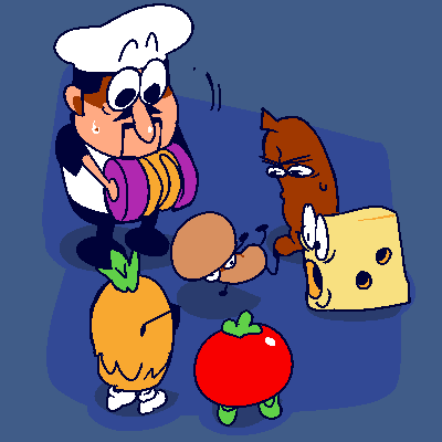mushroom toppin, pineapple toppin, sausage toppin, tomato toppin, cheese toppin, and 1 more (pizza tower) drawn by pendoodleshere