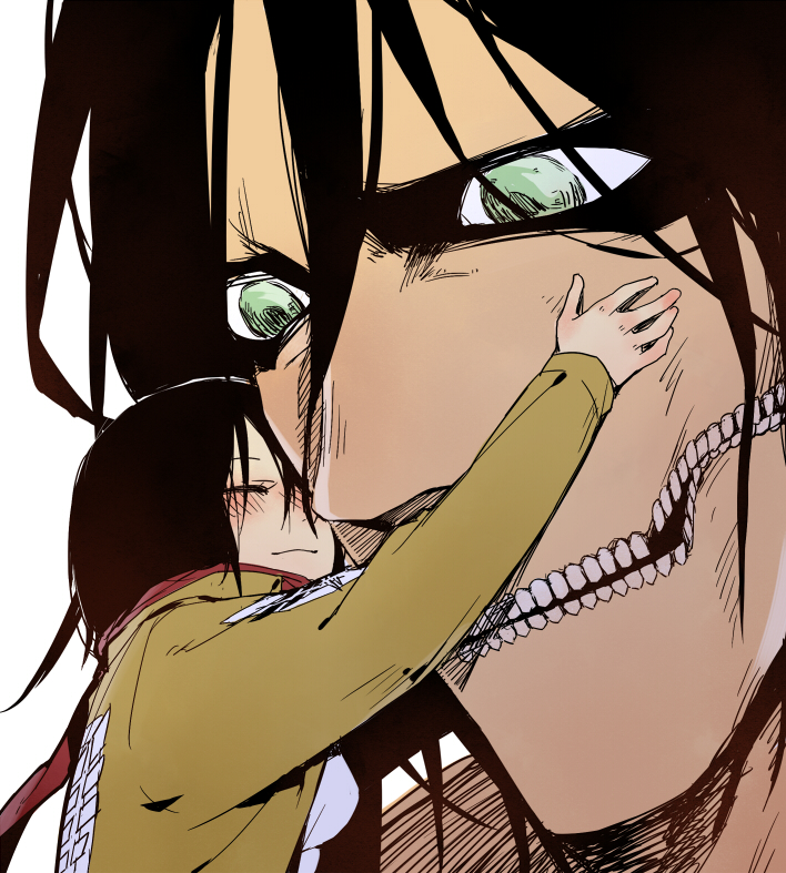 mikasa ackerman, titan, and rogue titan (shingeki no kyojin) drawn by doudoude_dou