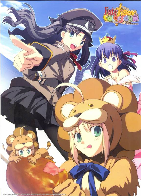 artoria pendragon, saber, tohsaka rin, matou sakura, and saber lion (fate and 2 more) drawn by takeuchi_takashi
