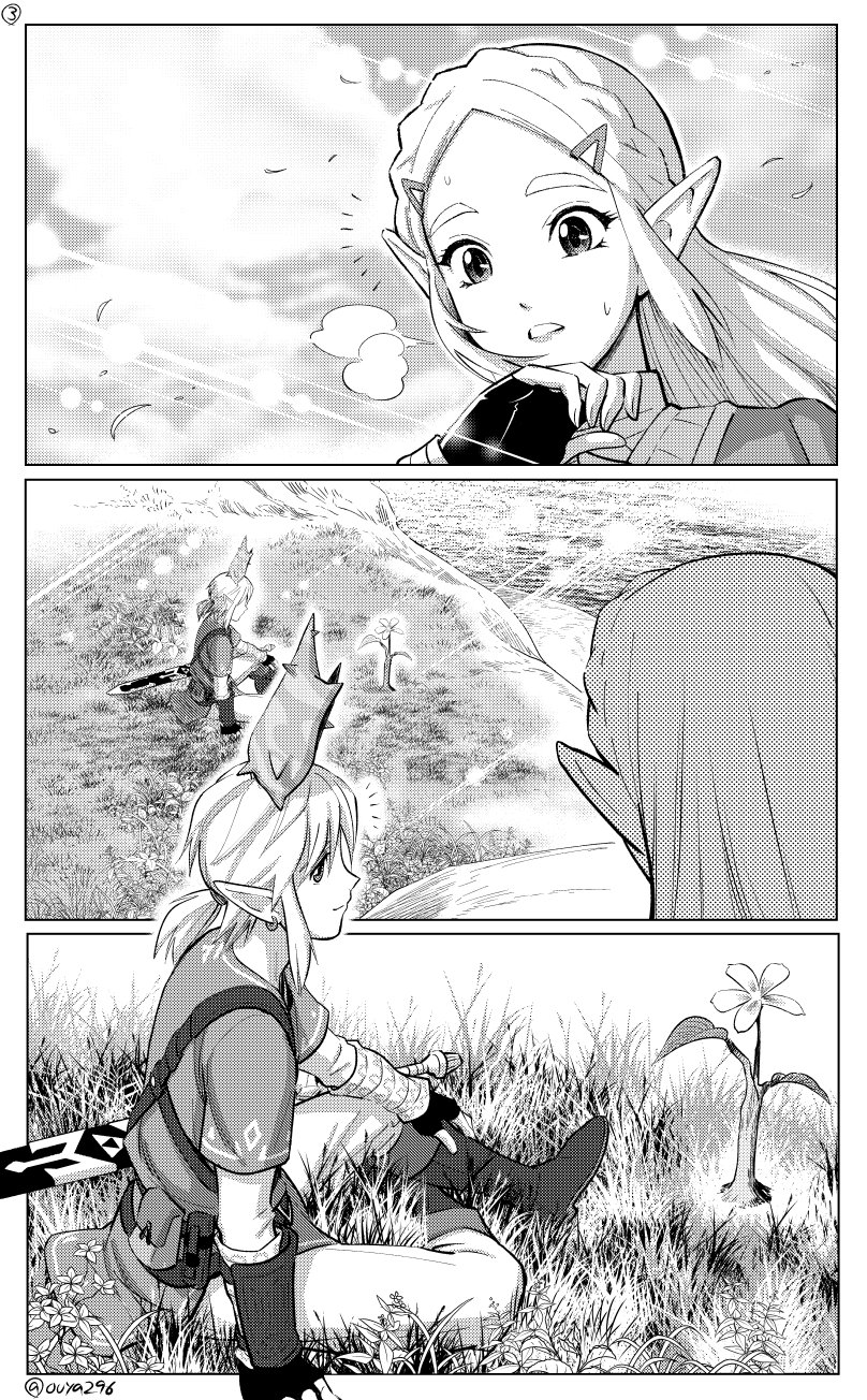 link, princess zelda, and korok (the legend of zelda and 1 more) drawn by ouya_(maboroshimori)