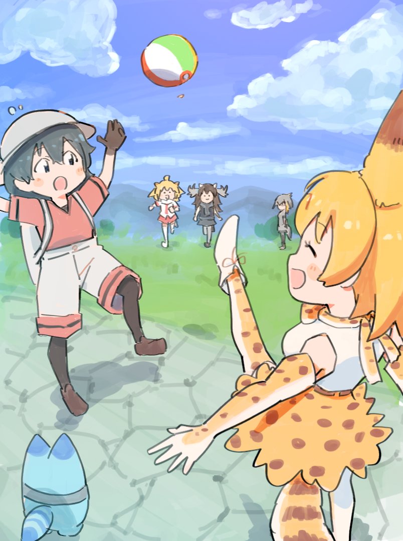 serval, kaban, shoebill, lucky beast, lion, and 1 more (kemono friends) drawn by wamawmwm