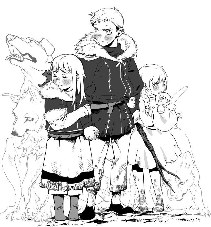 marcille donato, falin touden, laios touden, and dragon (dungeon meshi) drawn by leichen6194