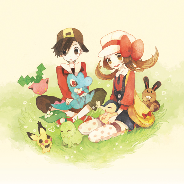 ethan, lyra, cyndaquil, chikorita, pichu, and 4 more (pokemon and 1 more) drawn by pechika