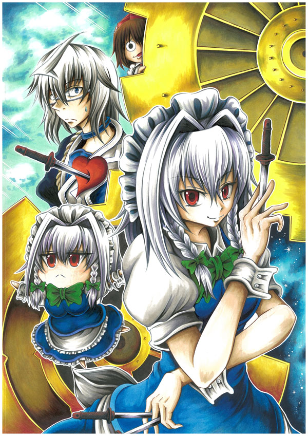 izayoi sakuya, shameimaru aya, and morichika rinnosuke (touhou) drawn by hidefu_kitayan