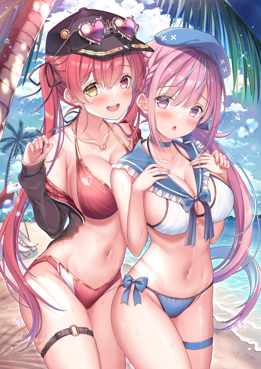 houshou marine and minato aqua (hololive) drawn by shirakawako