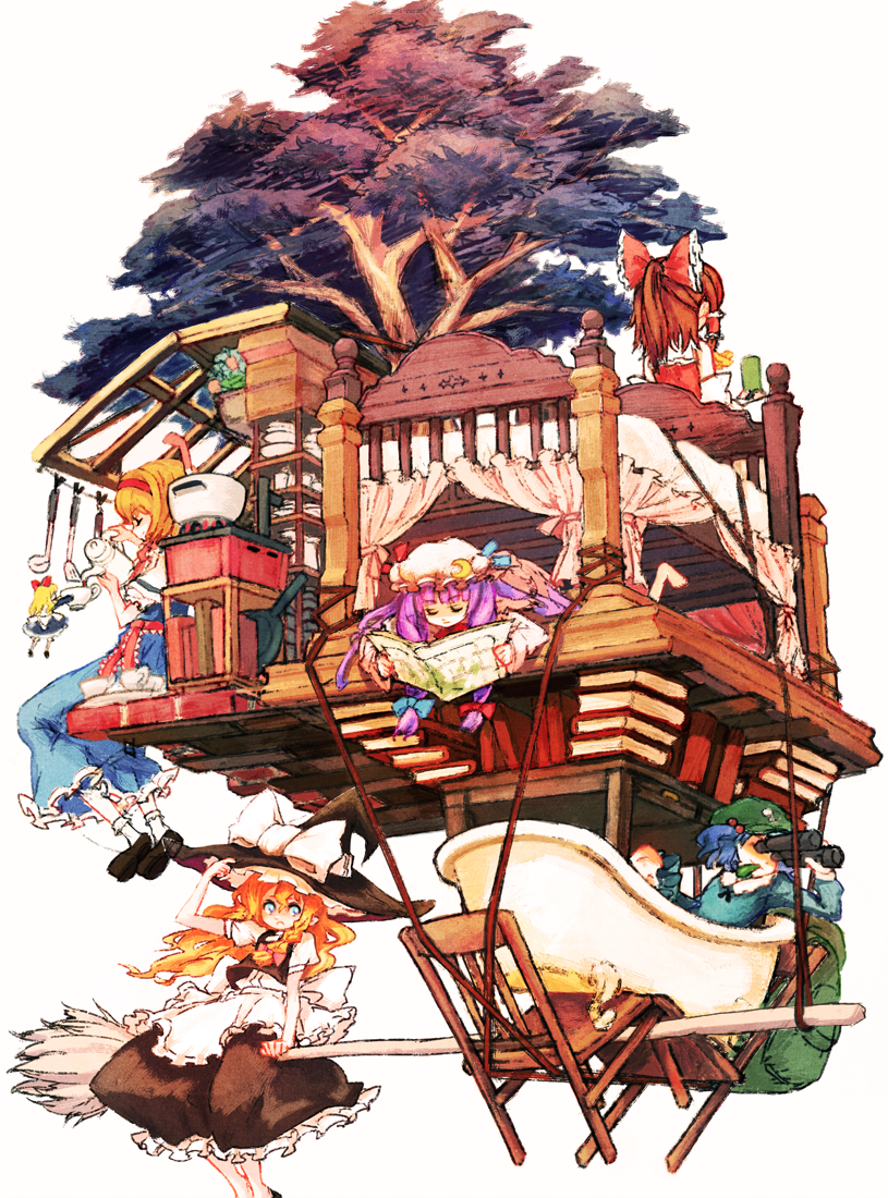 hakurei reimu, kirisame marisa, alice margatroid, patchouli knowledge, kawashiro nitori, and 1 more (touhou) drawn by heartfulkill