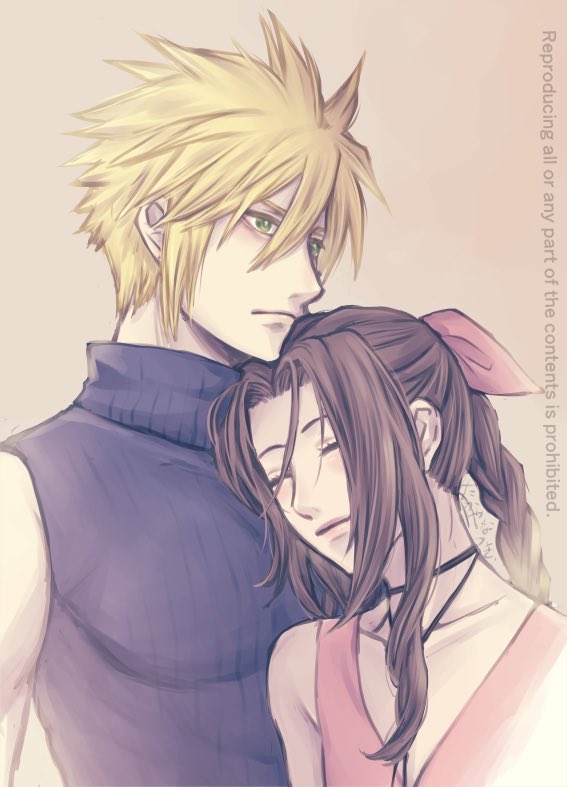 cloud strife and aerith gainsborough (final fantasy and 1 more) drawn by takaya_natsuki