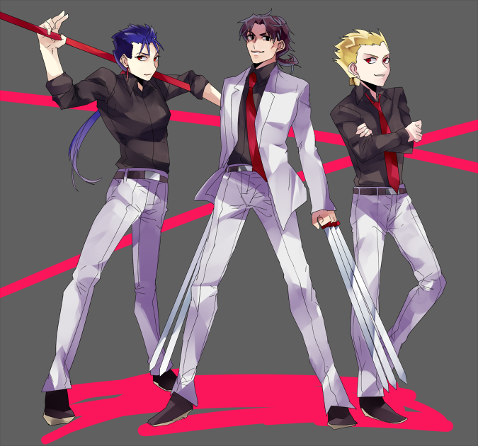 gilgamesh, cu chulainn, and kotomine kirei (fate and 1 more) drawn by purinnkawayusu