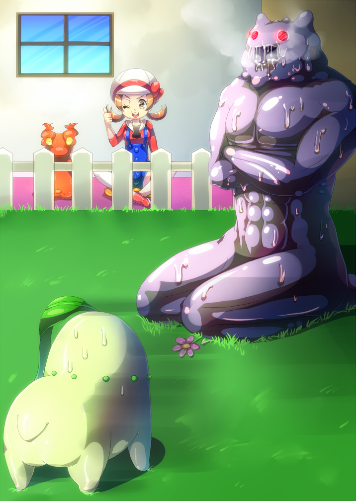 lyra, chikorita, ditto, transformed ditto, and slugma (pokemon and 1 more) drawn by naoto_(yandereheaven)