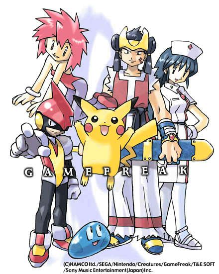 pikachu, quinty, pulseman, jerry, jin, and 1 more (pokemon and 5 more) drawn by sugimori_ken