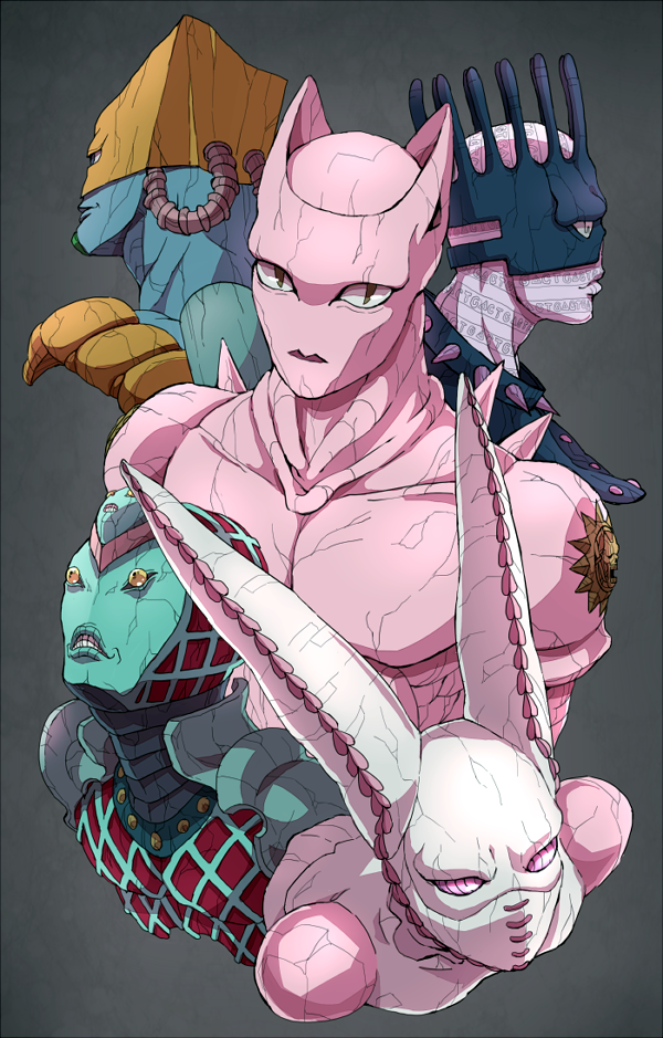 killer queen, the world, king crimson, dirty deeds done dirt cheap, and whitesnake (jojo no kimyou na bouken and 5 more) drawn by owarine_miku